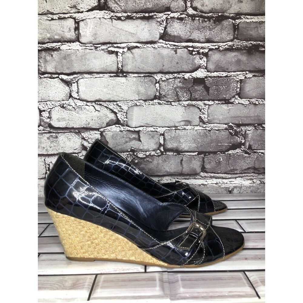 Brighton Riva Blue Croc Patent Leather Espadrille High Wedge Women Sz 9M US/40EU - Picture 8 of 16